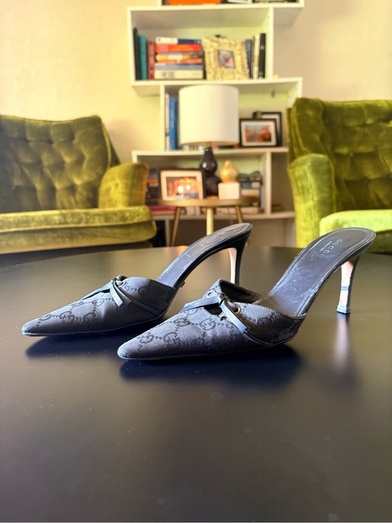 Gucci Shoes - Gucci Black Monogram Pointed Toe Slip-On Mules